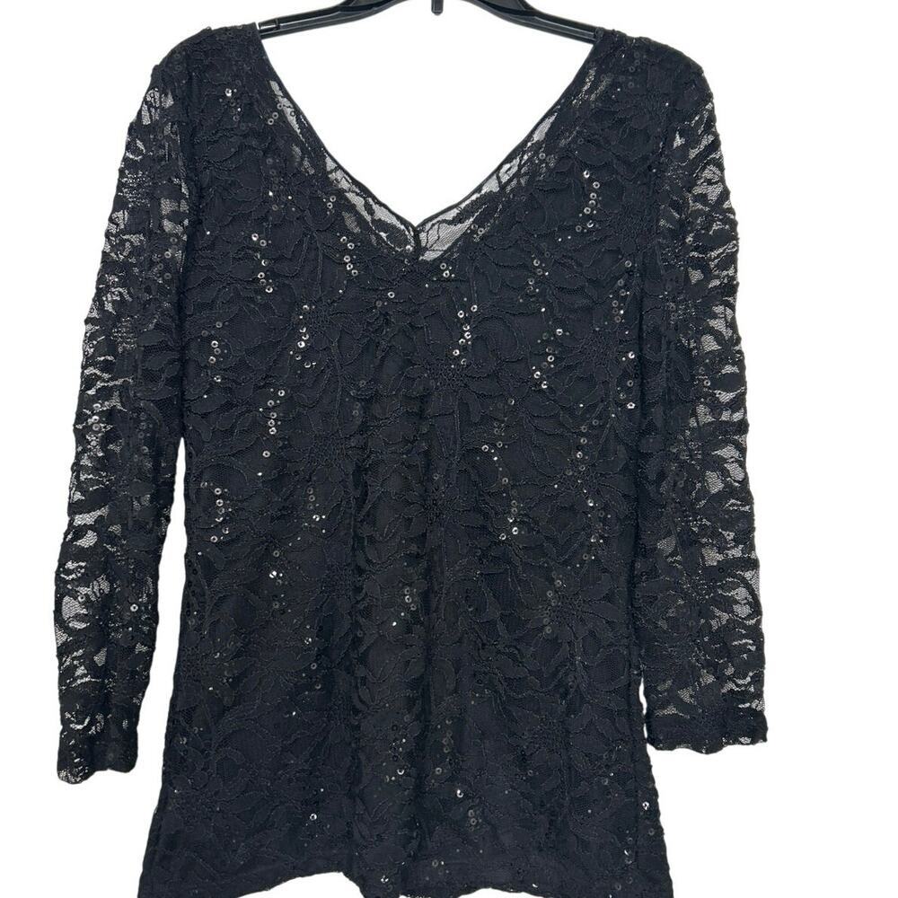 Boston Proper Black Lace Sequin V-Neck Top XL Made USA Y2K Evening Sheer Sleeves - Picture 2 of 11